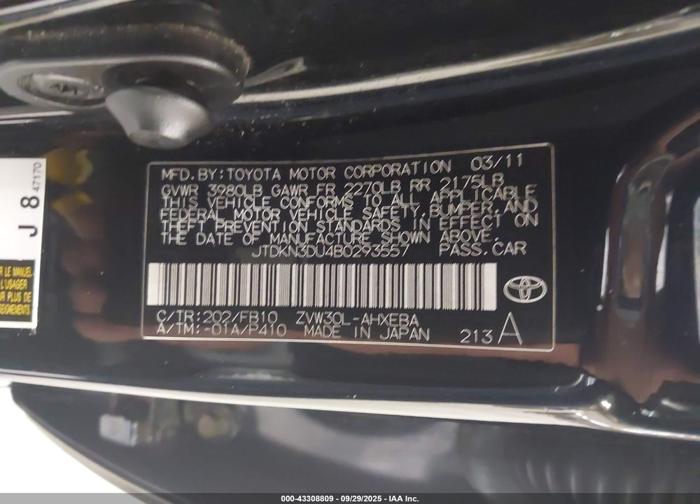 2011 TOYOTA PRIUS VIN: JTDKN3DU4B0293557