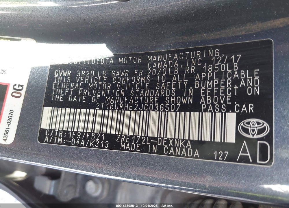 2018 TOYOTA COROLLA VIN: 2T1BURHE2JC036507