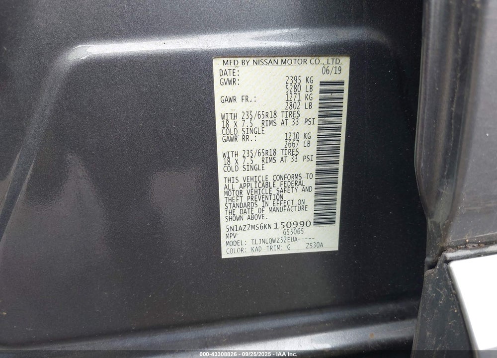 2019 NISSAN MURANO SV VIN: 5N1AZ2MS6KN150990