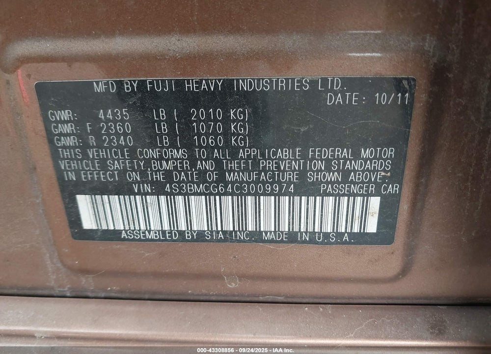 2012 SUBARU LEGACY VIN: 4S3BMCG64C3009974