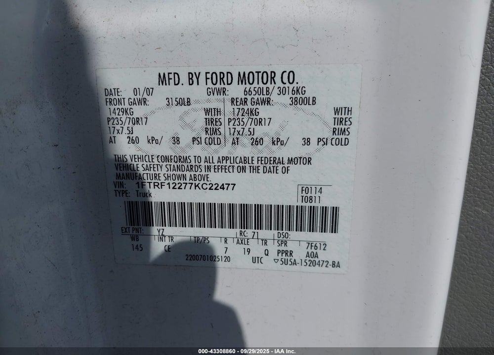 2007 FORD F-150 STX/XL/XLT VIN: 1FTRF12277KC22477
