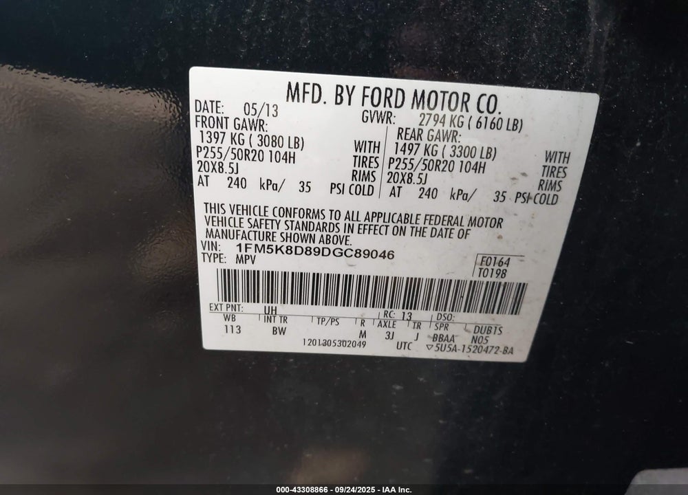 2013 FORD EXPLORER VIN: 1FM5K8D89DGC89046