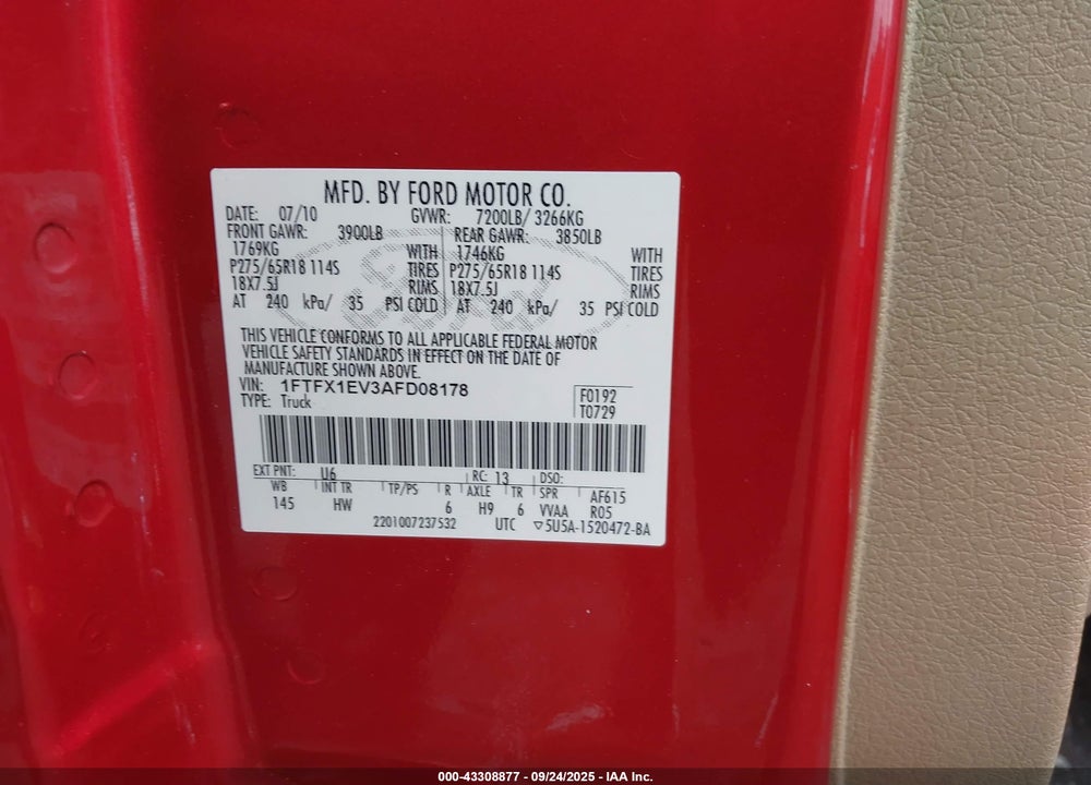 2010 FORD F-150 VIN: 1FTFX1EV3AFD08178