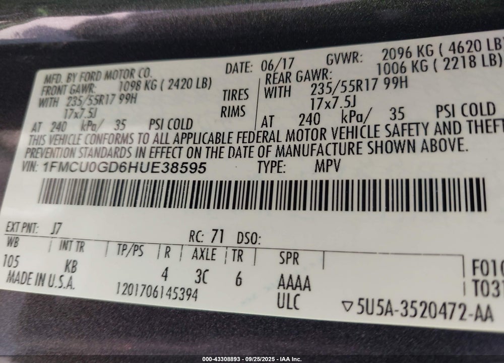 2017 FORD ESCAPE SE VIN: 1FMCU0GD6HUE38595