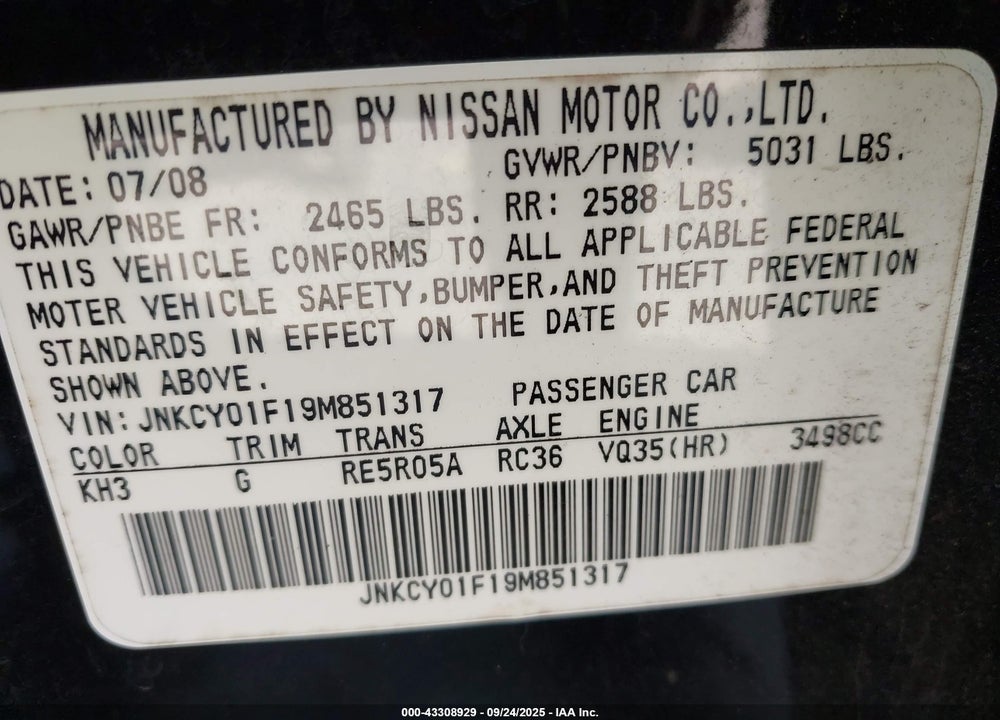 2009 INFINITI M35 VIN: JNKCY01F19M851317