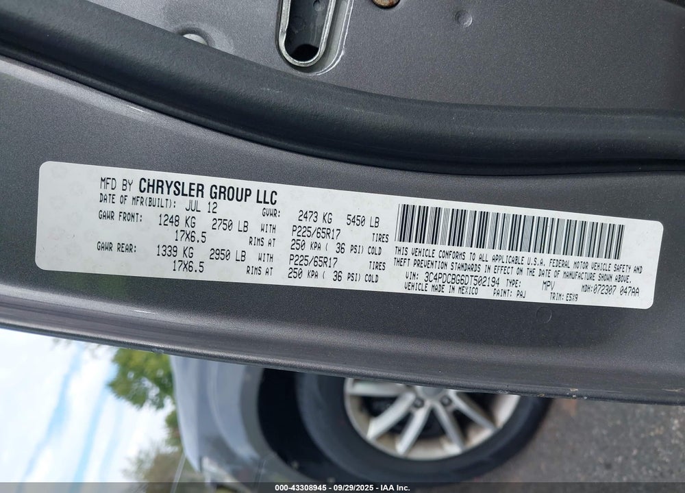 2013 DODGE JOURNEY SXT VIN: 3C4PDCBG6DT502194