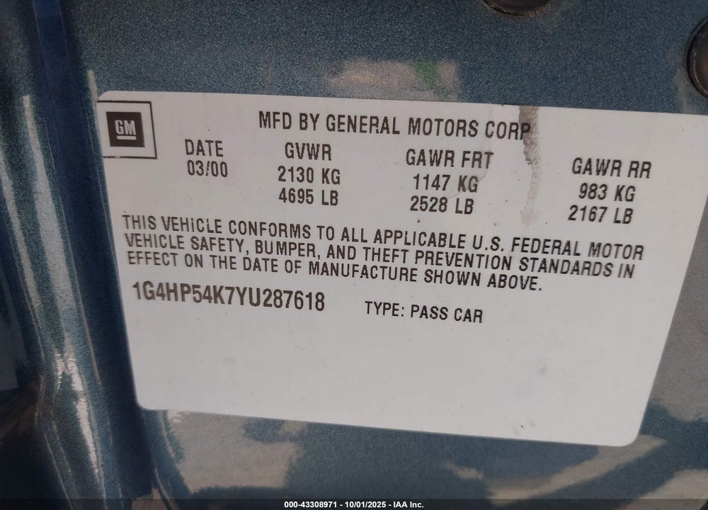 2000 BUICK LESABRE CUSTOM VIN: 1G4HP54K7YU287618