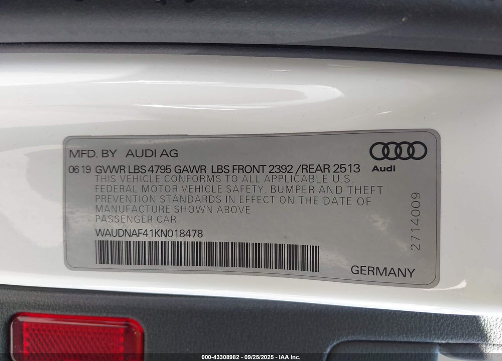 2019 AUDI A4 45 PREMIUM VIN: WAUDNAF41KN018478