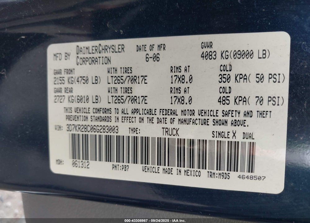 2006 DODGE RAM 2500 SLT/SPORT VIN: 3D7KR28C06G283003