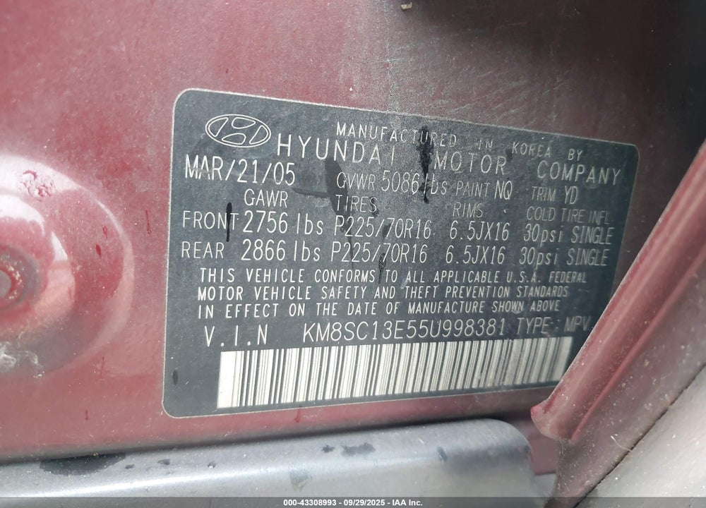 2005 HYUNDAI SANTA FE GLS/LX VIN: KM8SC13E55U998381