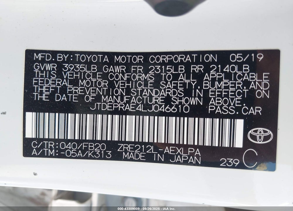 2020 TOYOTA COROLLA LE VIN: JTDEPRAE4LJ046610