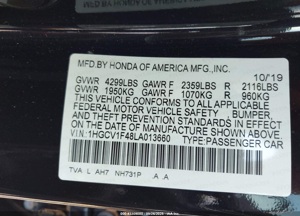 2020 HONDA ACCORD EX VIN: 1HGCV1F48LA013660