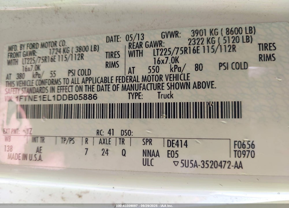 2013 FORD ECONOLINE VIN: 1FTNE1EL1DDB05886