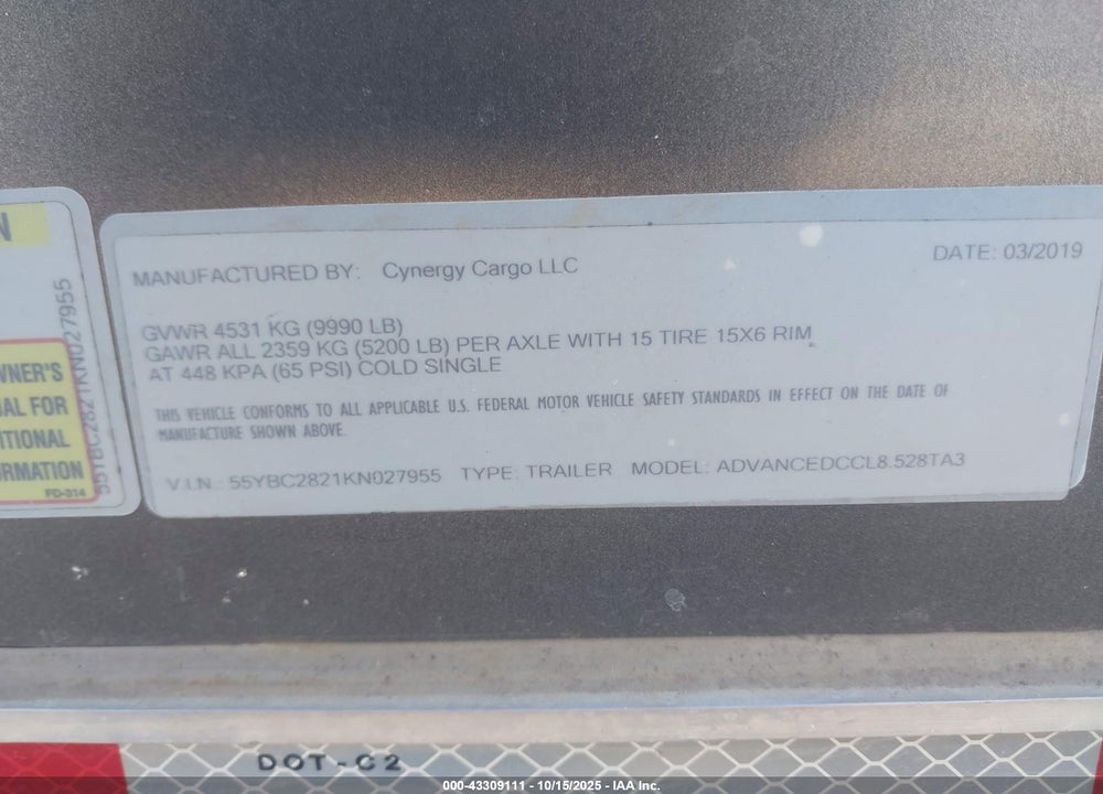 2019 CYNERGY CARGO LLC CARGO VIN: 55YBC2821KN027955