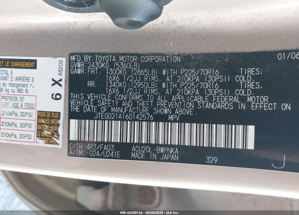 2006 TOYOTA HIGHLANDER VIN: JTEGD21A160142576