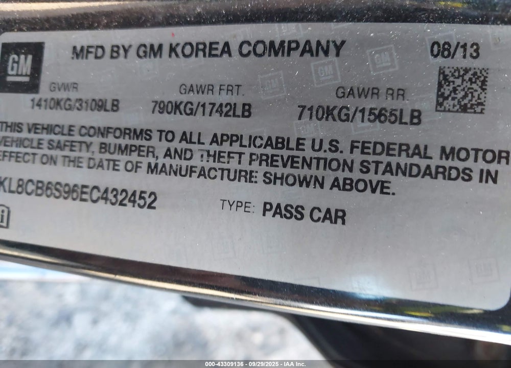 2014 CHEVROLET SPARK VIN: KL8CB6S96EC432452