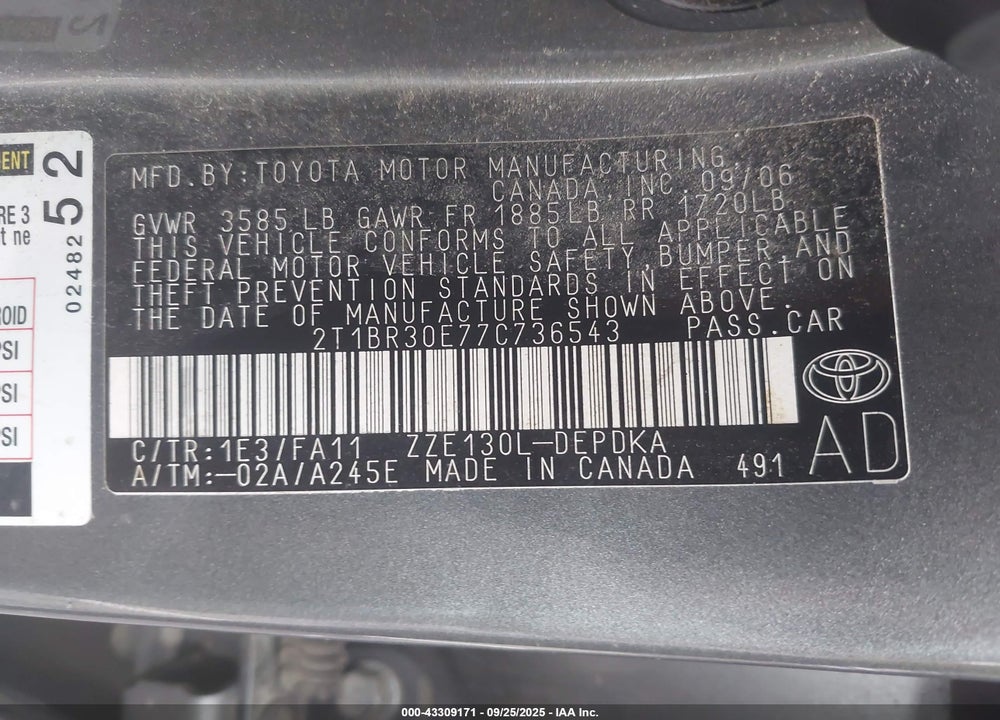 2007 TOYOTA COROLLA VIN: 2T1BR30E77C736543