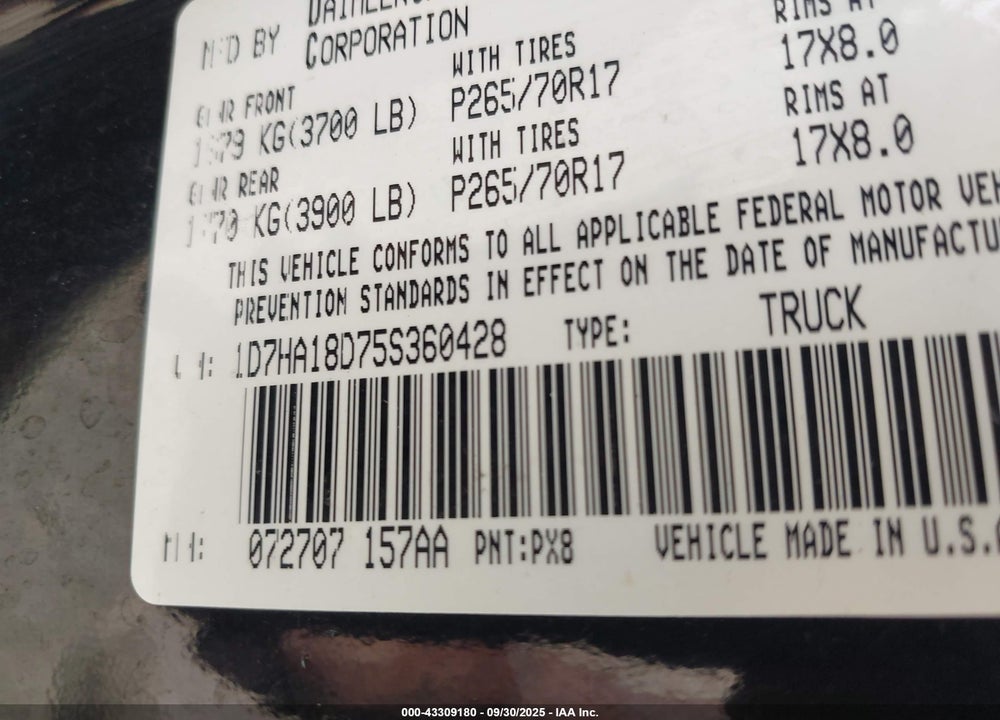 2005 DODGE RAM 1500 SLT/LARAMIE VIN: 1D7HA18D75S360428