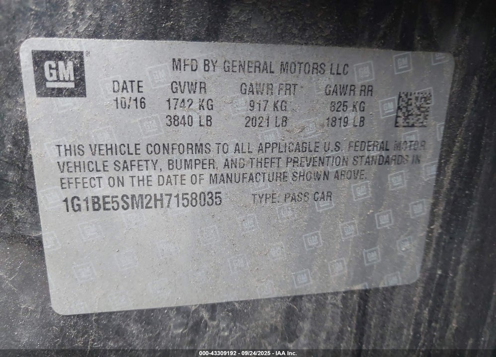 2017 CHEVROLET CRUZE VIN: 1G1BE5SM2H7158035
