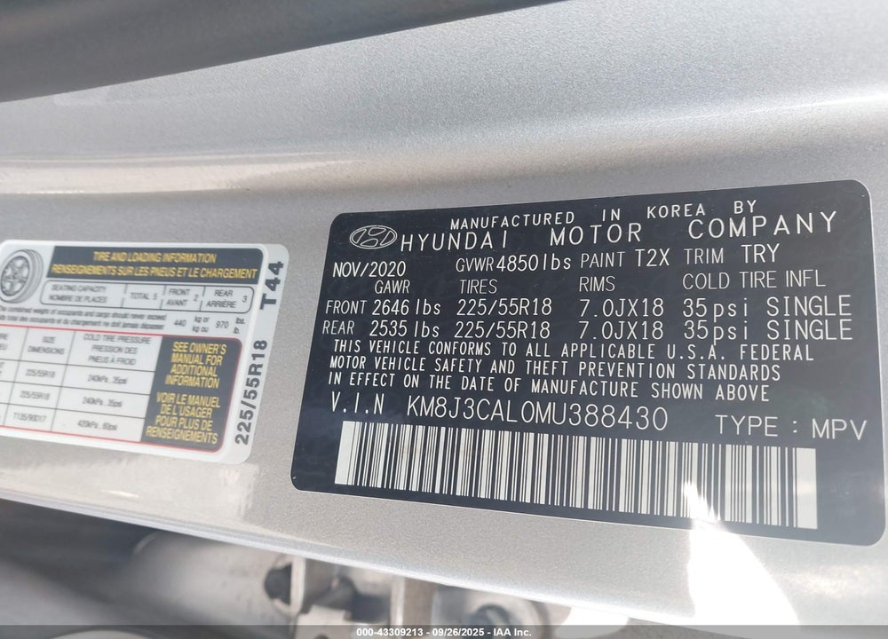 2021 HYUNDAI TUCSON VIN: KM8J3CAL0MU388430