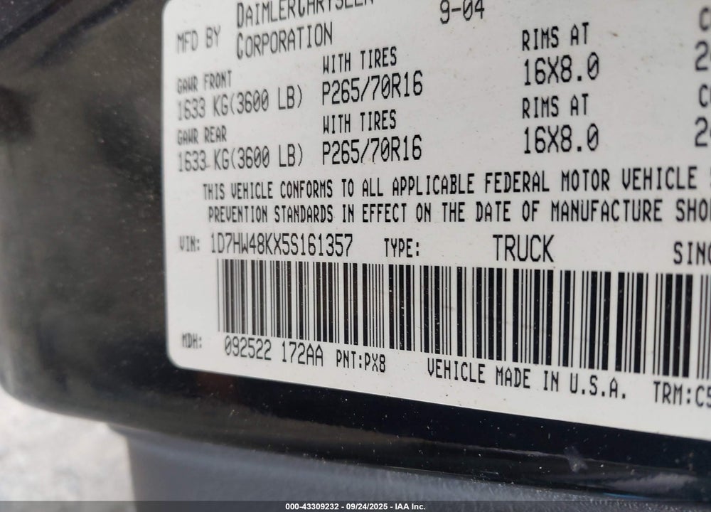 2005 DODGE DAKOTA SLT VIN: 1D7HW48KX5S161357