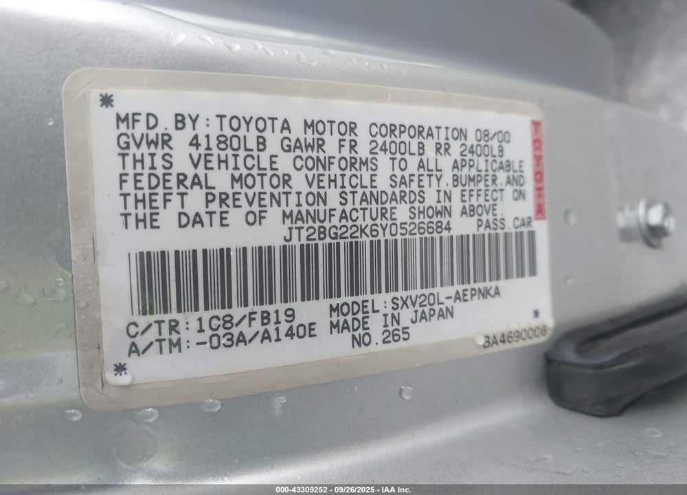 2000 TOYOTA CAMRY LE VIN: JT2BG22K6Y0526684