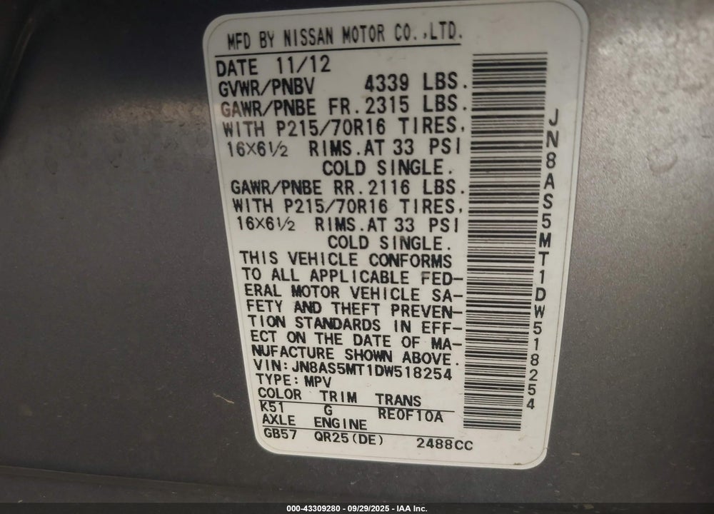 2013 NISSAN ROGUE VIN: JN8AS5MT1DW518254