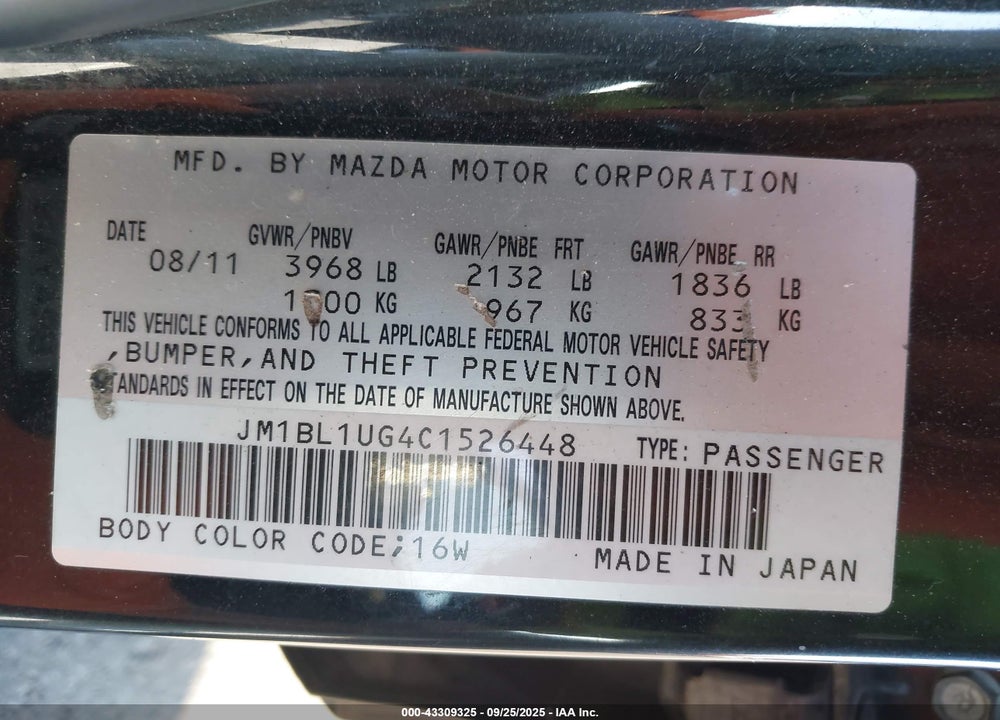 2012 MAZDA 3 I SPORT VIN: JM1BL1UG4C1526448