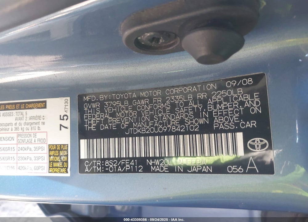 2009 TOYOTA PRIUS VIN: JTDKB20U097842102
