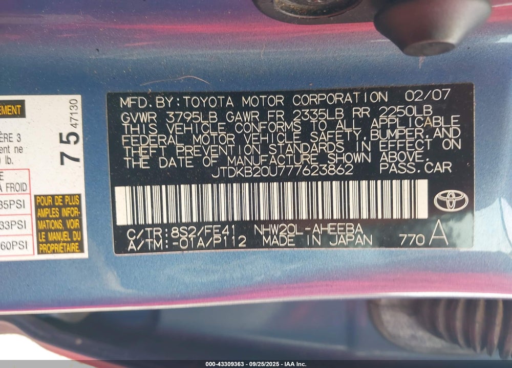 2007 TOYOTA PRIUS VIN: JTDKB20U777623862