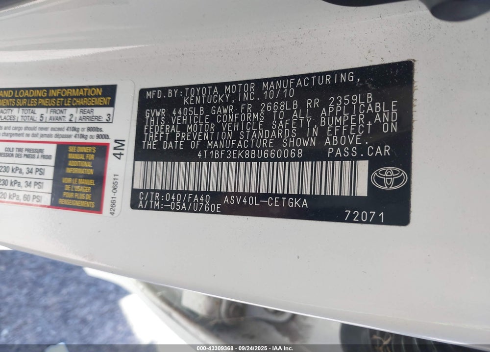 2011 TOYOTA CAMRY XLE VIN: 4T1BF3EK8BU660068