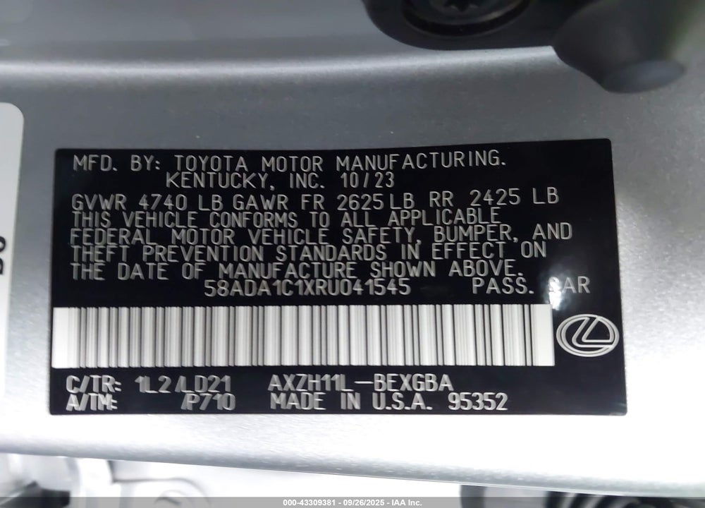 2024 LEXUS ES 300H VIN: 58ADA1C1XRU041545