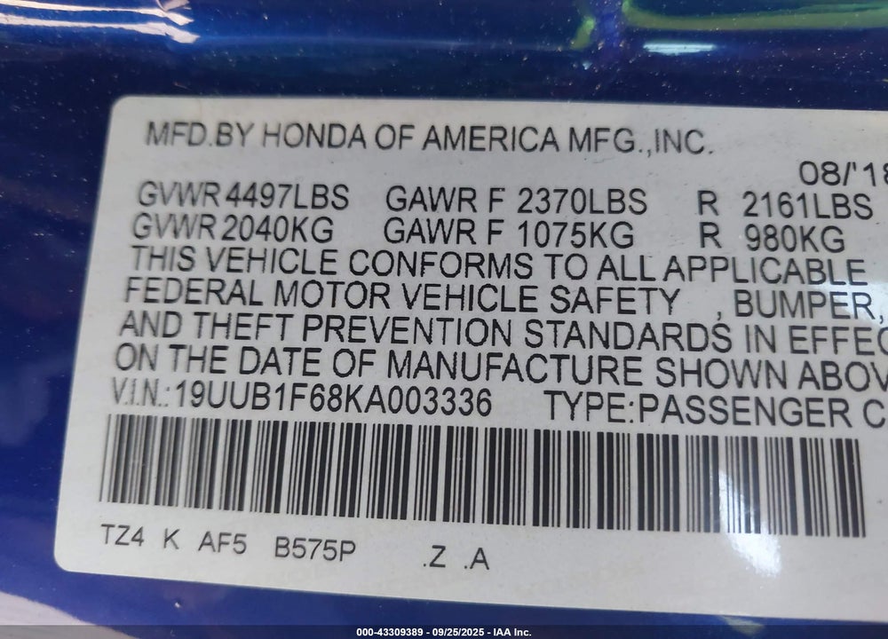 2019 ACURA TLX VIN: 19UUB1F68KA003336