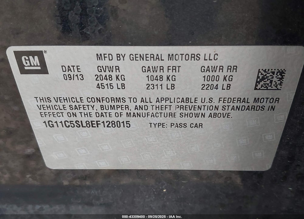 2014 CHEVROLET MALIBU VIN: 1G11C5SL8EF128015