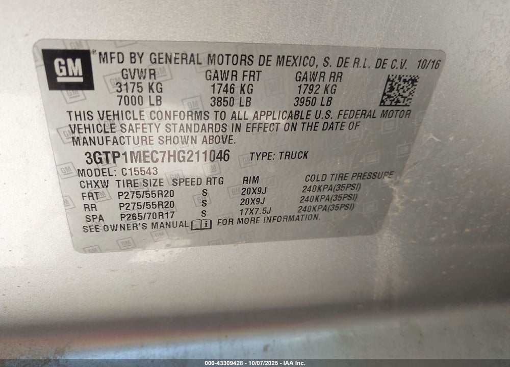 2017 GMC SIERRA 1500 VIN: 3GTP1MEC7HG211046