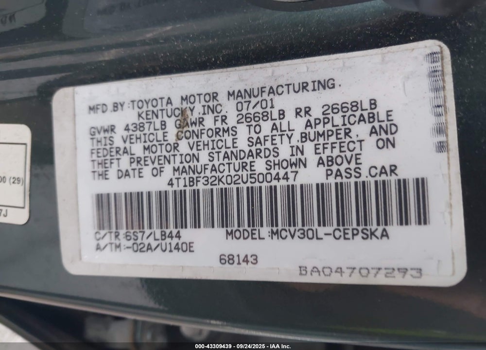 2002 TOYOTA CAMRY SE V6 VIN: 4T1BF32K02U500447