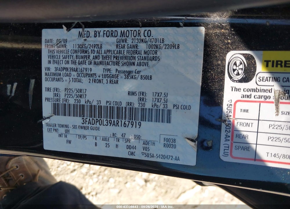 2010 FORD FUSION VIN: 3FADP0L39AR167919