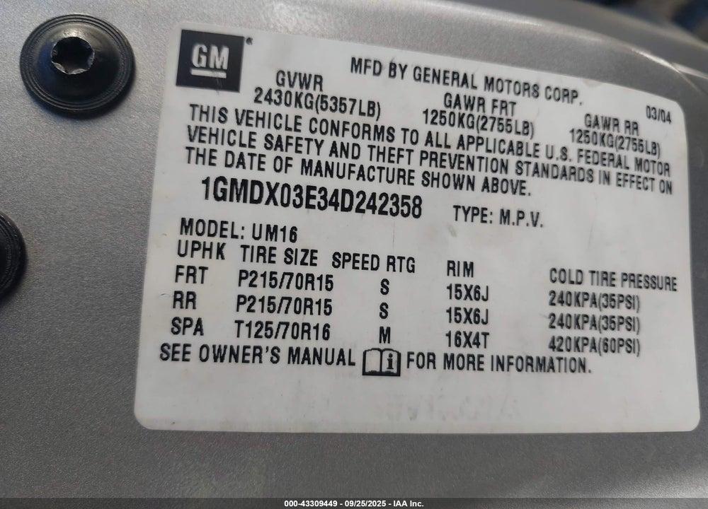 2004 PONTIAC MONTANA M16 W/1SA PKG. VIN: 1GMDX03E34D242358