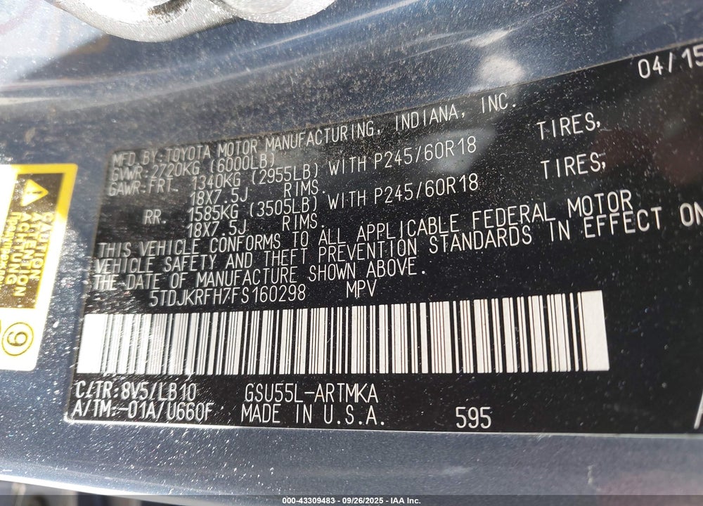 2015 TOYOTA HIGHLANDER XLE V6 VIN: 5TDJKRFH7FS160298