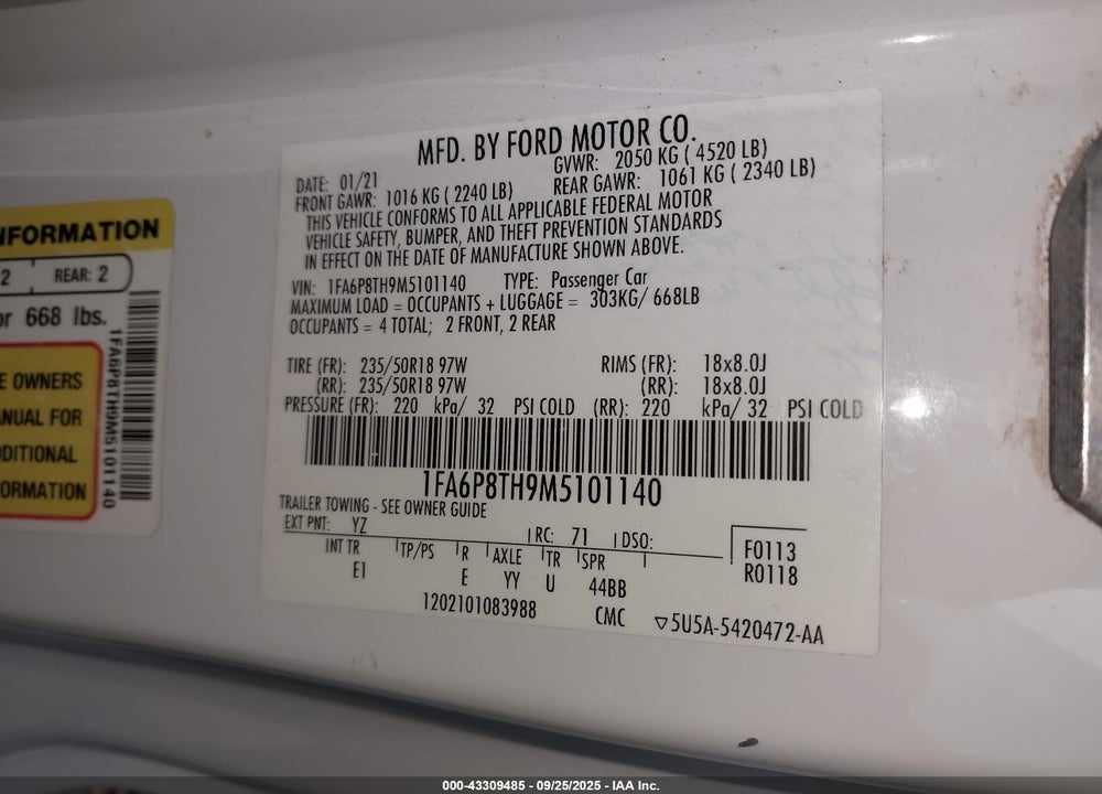 2021 FORD MUSTANG VIN: 1FA6P8TH9M5101140
