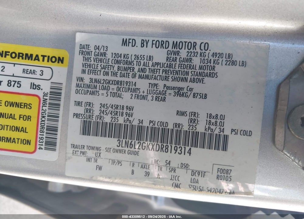 2013 LINCOLN MKZ VIN: 3LN6L2GKXDR819314