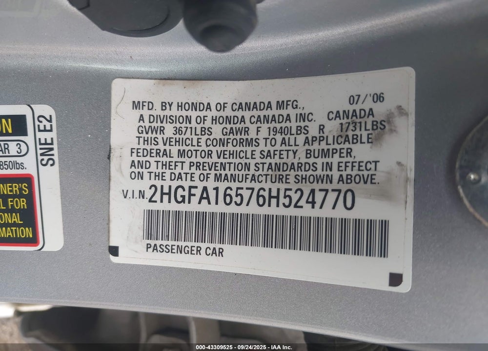 2006 HONDA CIVIC LX VIN: 2HGFA16576H524770