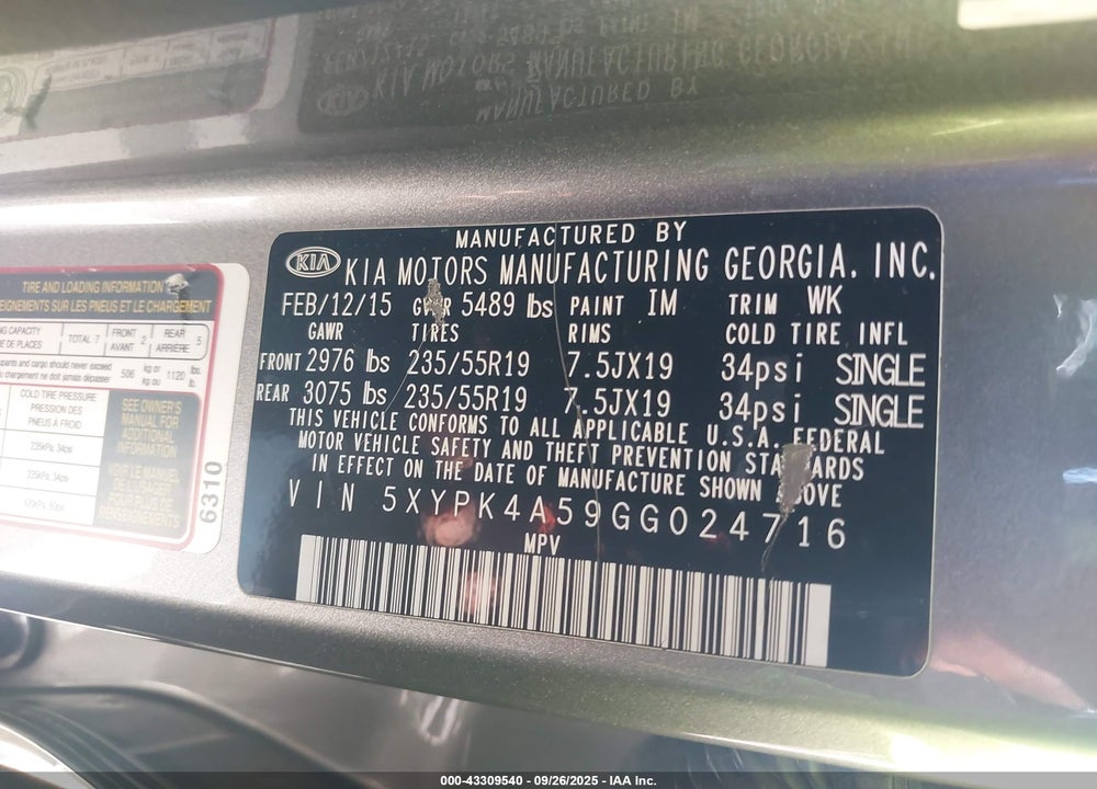 2016 KIA SORENTO 3.3L SXL VIN: 5XYPK4A59GG024716