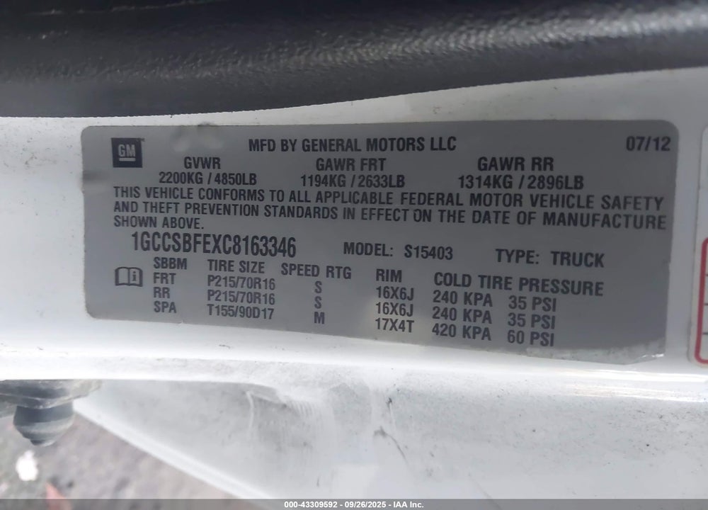 2012 CHEVROLET COLORADO VIN: 1GCCSBFEXC8163346