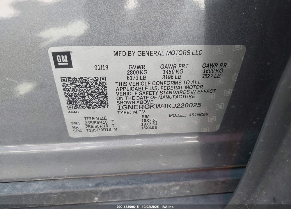 2019 CHEVROLET TRAVERSE VIN: 1GNERGKW4KJ220025
