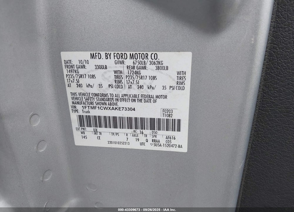 2010 FORD F-150 STX/XL/XLT VIN: 1FTMF1CWXAKE73304
