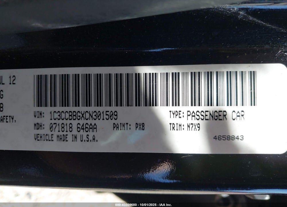 2012 CHRYSLER 200 TOURING VIN: 1C3CCBBGXCN301509