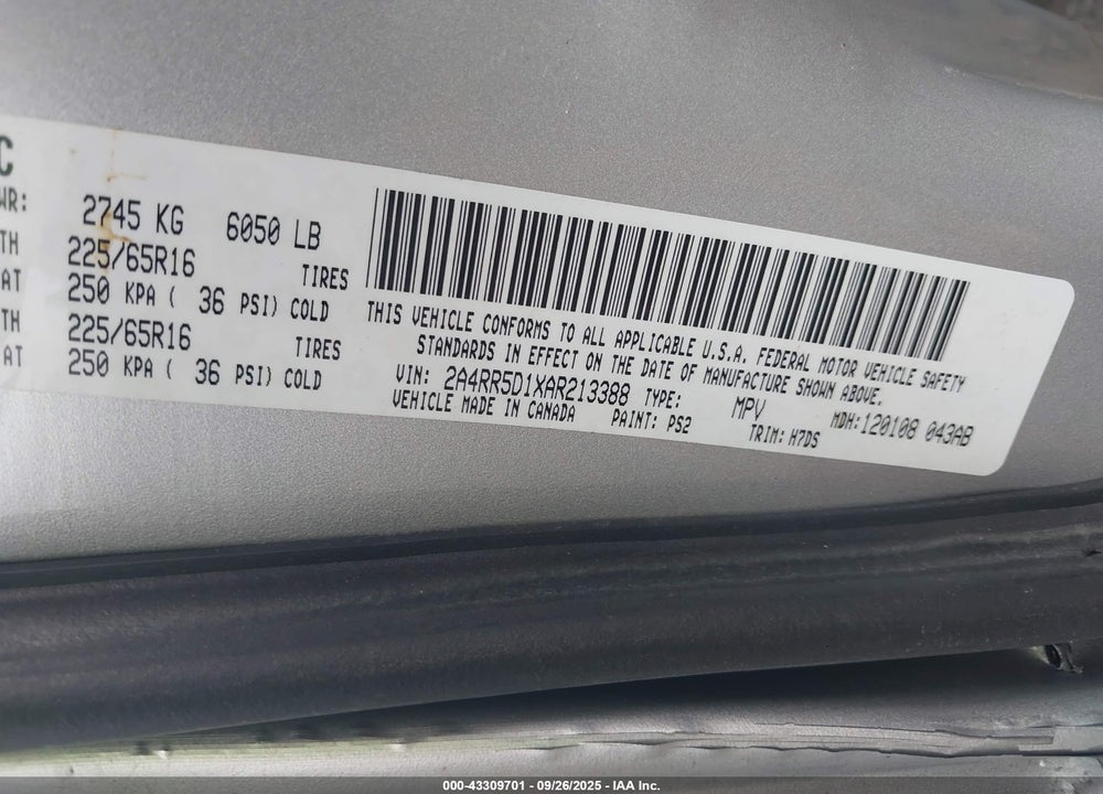 2010 CHRYSLER TOWN & COUNTRY VIN: 2A4RR5D1XAR213388