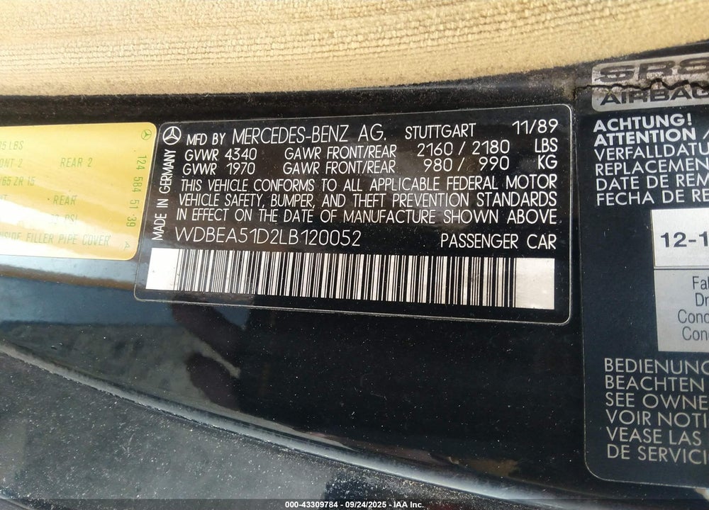 1990 MERCEDES-BENZ 300 CE VIN: WDBEA51D2LB120052