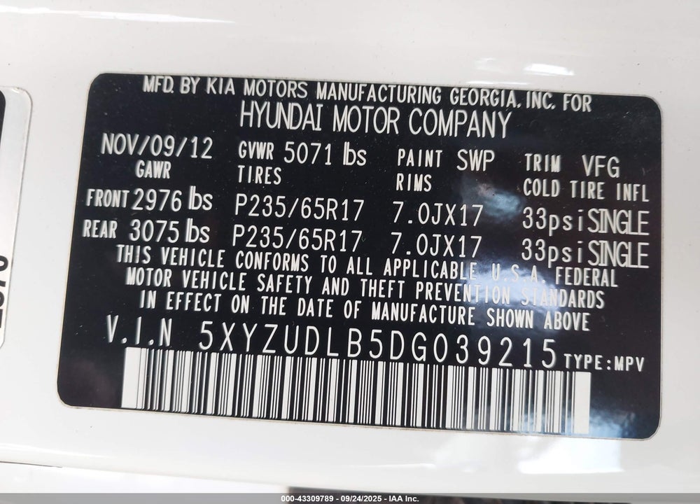 2013 HYUNDAI SANTA FE SPORT VIN: 5XYZUDLB5DG039215